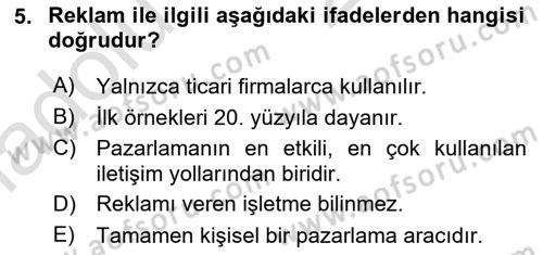 Tanıtım Ve Pazarlama Dersi 2018 - 2019 Yılı 3 Ders Sınav Soruları 5. Soru