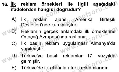 Tanıtım Ve Pazarlama Dersi 2018 - 2019 Yılı (Vize) Ara Sınav Soruları 16. Soru