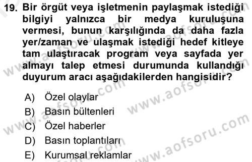 Tanıtım Ve Pazarlama Dersi 2018 - 2019 Yılı (Final) Dönem Sonu Sınav Soruları 19. Soru