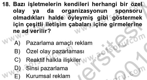 Tanıtım Ve Pazarlama Dersi 2018 - 2019 Yılı Yaz Okulu Sınav Soruları 18. Soru