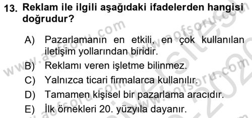 Tanıtım Ve Pazarlama Dersi 2019 - 2020 Yılı (Vize) Ara Sınav Soruları 13. Soru