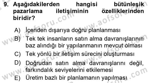 Tanıtım Ve Pazarlama Dersi 2019 - 2020 Yılı (Vize) Ara Sınav Soruları 9. Soru
