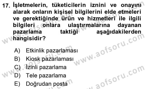 Tanıtım Ve Pazarlama Dersi 2021 - 2022 Yılı (Final) Dönem Sonu Sınav Soruları 17. Soru