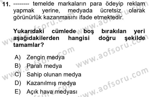 Tanıtım Ve Pazarlama Dersi 2021 - 2022 Yılı Yaz Okulu Sınav Soruları 11. Soru