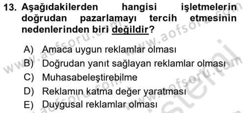 Tanıtım Ve Pazarlama Dersi 2022 - 2023 Yılı (Final) Dönem Sonu Sınav Soruları 13. Soru