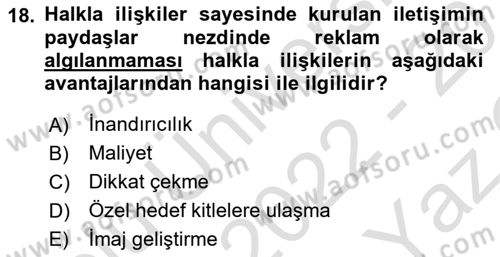 Tanıtım Ve Pazarlama Dersi 2022 - 2023 Yılı Yaz Okulu Sınav Soruları 18. Soru