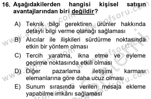 Tanıtım Ve Pazarlama Dersi 2023 - 2024 Yılı Yaz Okulu Sınav Soruları 16. Soru