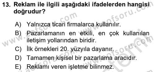 Tanıtım Ve Pazarlama Dersi 2024 - 2025 Yılı (Vize) Ara Sınav Soruları 13. Soru