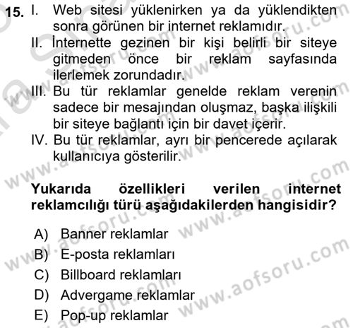 Tanıtım Ve Pazarlama Dersi 2024 - 2025 Yılı (Vize) Ara Sınav Soruları 15. Soru