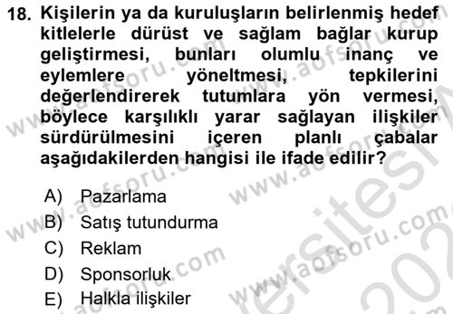 Tanıtım Ve Pazarlama Dersi 2025 - 2026 Yılı (Final) Dönem Sonu Sınav Soruları 18. Soru