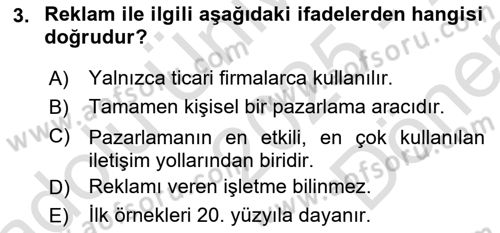 Tanıtım Ve Pazarlama Dersi 2025 - 2026 Yılı (Final) Dönem Sonu Sınav Soruları 3. Soru