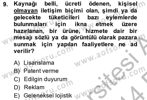 Pazarlama İletişimi Dersi 2013 - 2014 Yılı (Vize) Ara Sınav Soruları 9. Soru