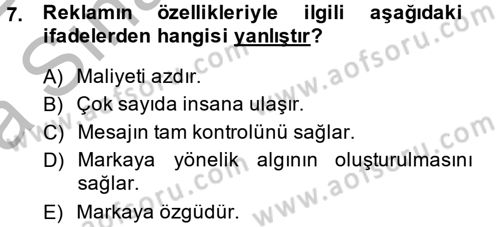 Pazarlama İletişimi Dersi 2014 - 2015 Yılı (Vize) Ara Sınav Soruları 7. Soru