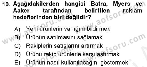 Pazarlama İletişimi Dersi 2015 - 2016 Yılı (Vize) Ara Sınav Soruları 10. Soru