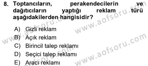 Pazarlama İletişimi Dersi 2015 - 2016 Yılı (Vize) Ara Sınav Soruları 8. Soru