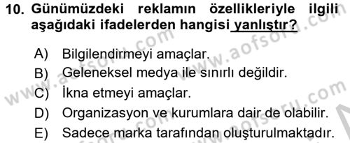 Pazarlama İletişimi Dersi 2016 - 2017 Yılı (Vize) Ara Sınav Soruları 10. Soru