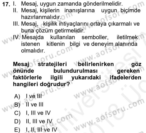 Pazarlama İletişimi Dersi 2017 - 2018 Yılı 3 Ders Sınav Soruları 17. Soru