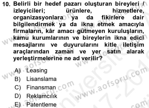 Pazarlama İletişimi Dersi 2017 - 2018 Yılı (Vize) Ara Sınav Soruları 10. Soru