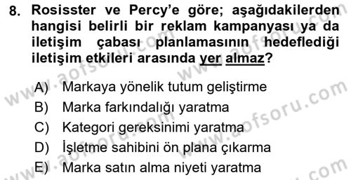 Pazarlama İletişimi Dersi 2018 - 2019 Yılı (Vize) Ara Sınav Soruları 8. Soru