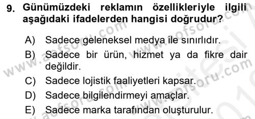 Pazarlama İletişimi Dersi 2018 - 2019 Yılı (Vize) Ara Sınav Soruları 9. Soru