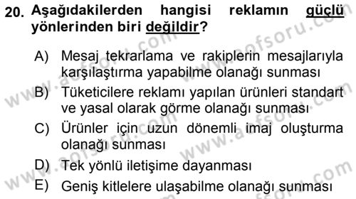 Pazarlama İletişimi Dersi 2018 - 2019 Yılı Yaz Okulu Sınav Soruları 20. Soru