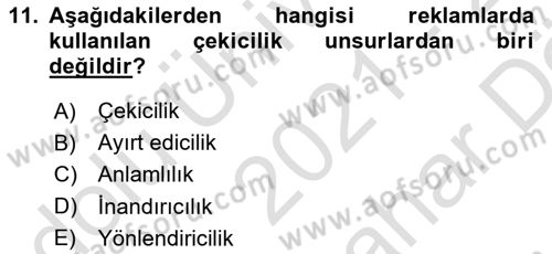 Pazarlama İletişimi Dersi 2021 - 2022 Yılı (Vize) Ara Sınav Soruları 11. Soru