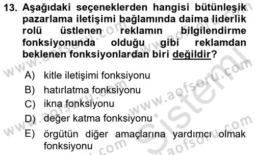 Pazarlama İletişimi Dersi 2021 - 2022 Yılı (Vize) Ara Sınav Soruları 13. Soru