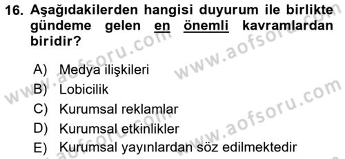 Pazarlama İletişimi Dersi 2021 - 2022 Yılı (Vize) Ara Sınav Soruları 16. Soru
