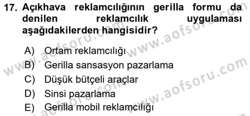 Pazarlama İletişimi Dersi 2021 - 2022 Yılı (Final) Dönem Sonu Sınav Soruları 17. Soru