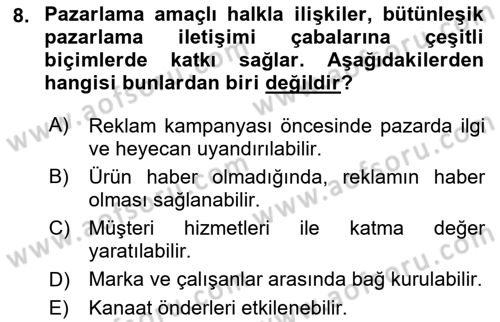 Pazarlama İletişimi Dersi 2021 - 2022 Yılı (Final) Dönem Sonu Sınav Soruları 8. Soru