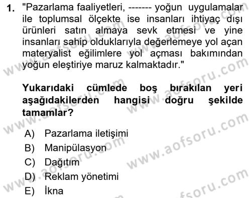 Pazarlama İletişimi Dersi 2021 - 2022 Yılı Yaz Okulu Sınav Soruları 1. Soru