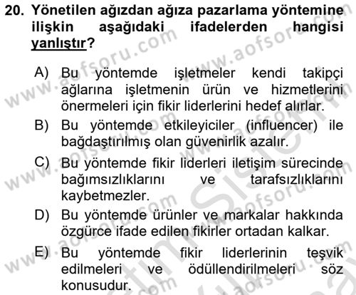 Pazarlama İletişimi Dersi 2023 - 2024 Yılı (Final) Dönem Sonu Sınav Soruları 20. Soru