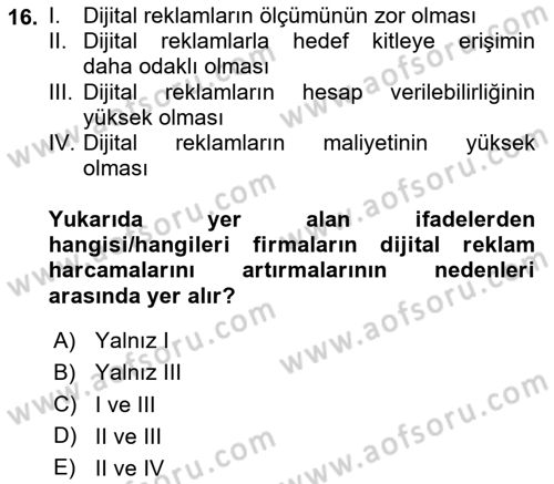 Pazarlama İletişimi Dersi 2024 - 2025 Yılı (Final) Dönem Sonu Sınav Soruları 16. Soru
