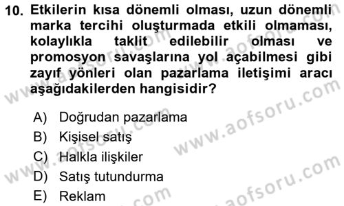Pazarlama İletişimi Dersi 2025 - 2026 Yılı (Vize) Ara Sınav Soruları 10. Soru