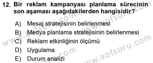 Pazarlama İletişimi Dersi 2025 - 2026 Yılı (Vize) Ara Sınav Soruları 12. Soru