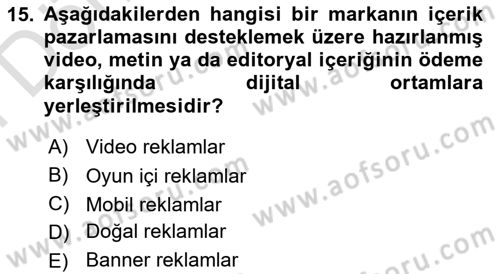 Pazarlama İletişimi Dersi 2025 - 2026 Yılı (Final) Dönem Sonu Sınav Soruları 15. Soru