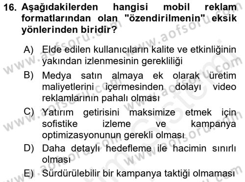 İnternet Ve Mobil Pazarlama Dersi 2017 - 2018 Yılı (Final) Dönem Sonu Sınav Soruları 16. Soru