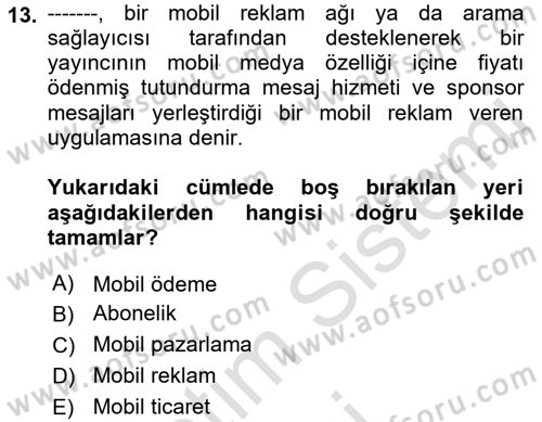 İnternet Ve Mobil Pazarlama Dersi 2019 - 2020 Yılı (Final) Dönem Sonu Sınav Soruları 13. Soru