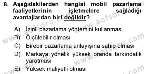 İnternet Ve Mobil Pazarlama Dersi 2021 - 2022 Yılı (Final) Dönem Sonu Sınav Soruları 8. Soru