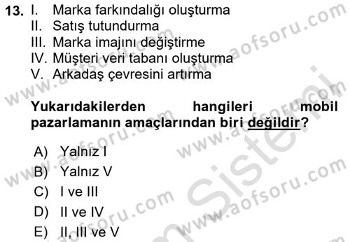 İnternet Ve Mobil Pazarlama Dersi 2023 - 2024 Yılı Yaz Okulu Sınav Soruları 13. Soru