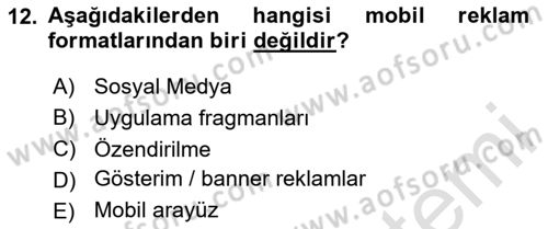 İnternet Ve Mobil Pazarlama Dersi 2024 - 2025 Yılı (Vize) Ara Sınav Soruları 12. Soru