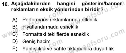 İnternet Ve Mobil Pazarlama Dersi 2024 - 2025 Yılı (Final) Dönem Sonu Sınav Soruları 16. Soru