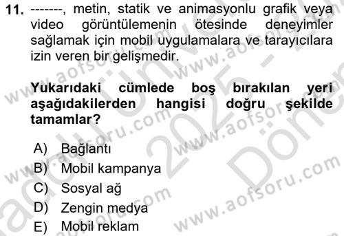 İnternet Ve Mobil Pazarlama Dersi 2025 - 2026 Yılı (Final) Dönem Sonu Sınav Soruları 11. Soru
