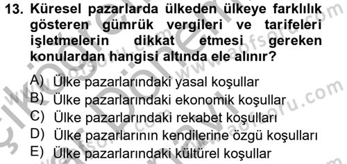Küresel Pazarlama Dersi 2012 - 2013 Yılı (Final) Dönem Sonu Sınav Soruları 13. Soru