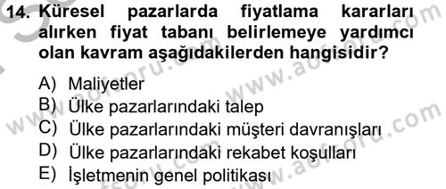 Küresel Pazarlama Dersi 2012 - 2013 Yılı (Final) Dönem Sonu Sınavı 14. Soru