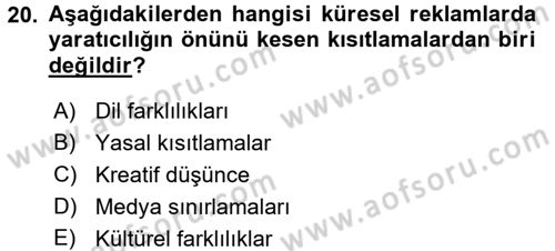 Küresel Pazarlama Dersi 2017 - 2018 Yılı (Final) Dönem Sonu Sınav Soruları 20. Soru