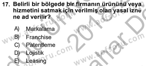 Küresel Pazarlama Dersi 2018 - 2019 Yılı (Vize) Ara Sınav Soruları 17. Soru