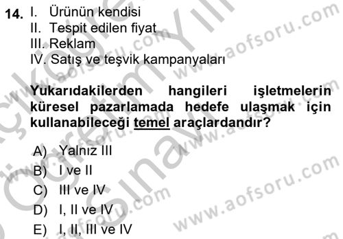 Küresel Pazarlama Dersi 2018 - 2019 Yılı Yaz Okulu Sınav Soruları 14. Soru