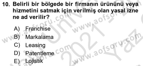 Küresel Pazarlama Dersi 2021 - 2022 Yılı Yaz Okulu Sınav Soruları 10. Soru