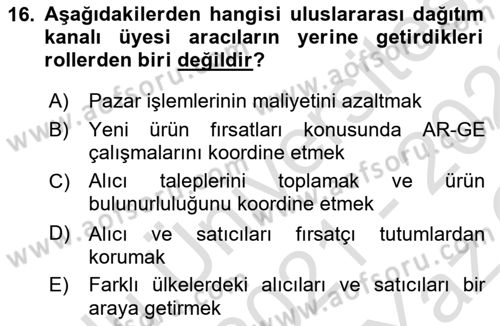 Küresel Pazarlama Dersi 2021 - 2022 Yılı Yaz Okulu Sınav Soruları 16. Soru